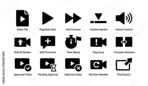 Video editing icons set: playback, volume control, review, export, and more