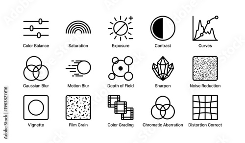 Graphic icons for photo editing tools: balance, blur, sharpen, and more