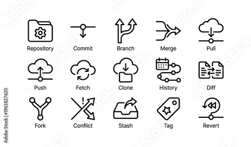 Git workflow icons: repository commit branch merge pull