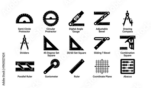 Collection of geometric measurement tools and instruments icons