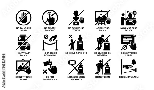 Museum etiquette icons: no touch, no entry, no selfie stick guidelines