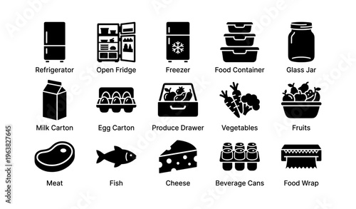 Kitchen storage icons: fridge, freezer, containers, jars, cartons, produce, meat, fish, cheese, cans, wrap