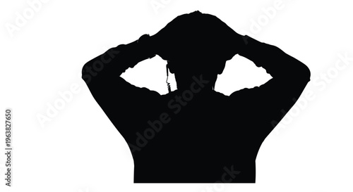 Abstract vector graphic illustrating a person with hands behind head, listening intently via earpiece.