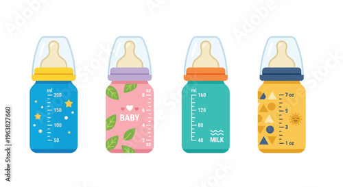 Four colorful baby bottles with different designs and measurement markings