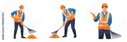 Worker raking leaves outdoors with transparent background
