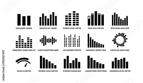 Audio meters and frequency display icons for sound analysis