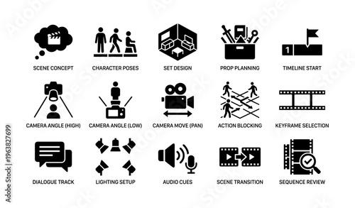 Film production icons: scene, camera, set design, lighting, audio, editing