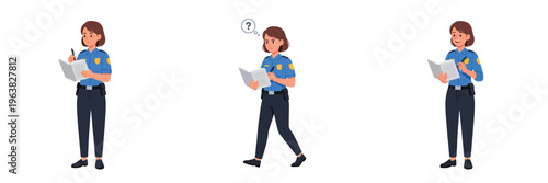 Female police officer taking notes in different poses
