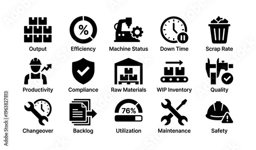 Industrial workflow icons set showcasing efficiency and productivity metrics