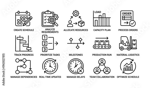 Business operations icons: schedule, analysis, resources, logistics, teamwork