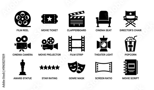 Film and cinema icons: reel, clapperboard, camera, projector, popcorn, awards