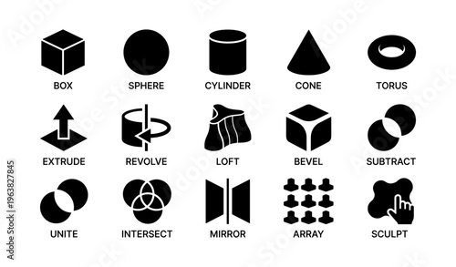 Basic 3d modeling shapes and operations: box, sphere, cylinder, cone, torus, extrude, revolve