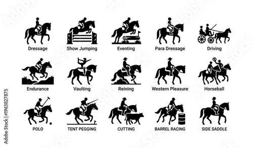 Equestrian disciplines icons: dressage, jumping, vaulting, cutting, polo