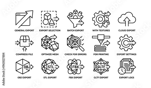 Export icons: general, selection, batch, textures, cloud, compress, optimize, print, settings
