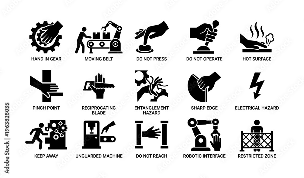Obraz premium Safety hazard signs warning against machine dangers in industrial settings