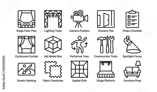 Theater production icons set featuring lighting, camera, scenery, and props symbols