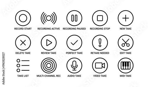 Audio and video recording icons with symbols for editing and playback