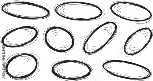 Hand drawn black and white oval shapes collection. Sketchy Ellipse Set: A series of hand-drawn ellipses in varying styles, offering a versatile