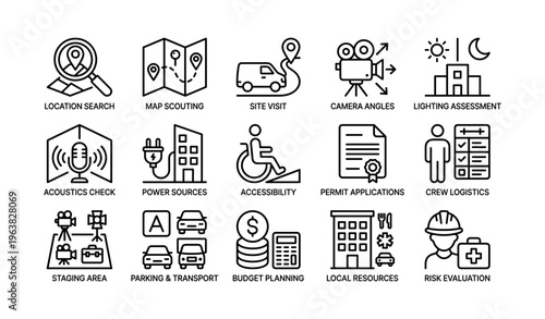 Film production icons set including location search and equipment logistics