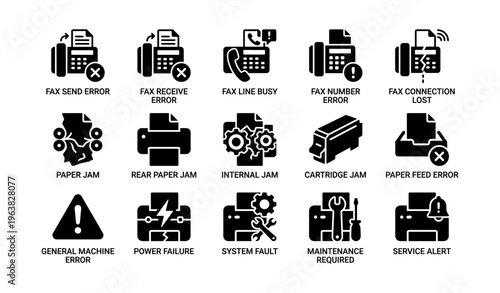 Common fax machine errors and solutions in icon set