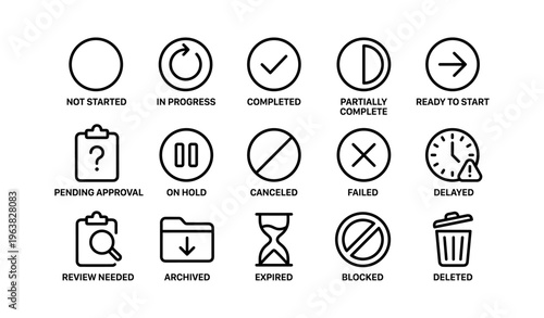 Task status icons: progress, completion, and action indicators