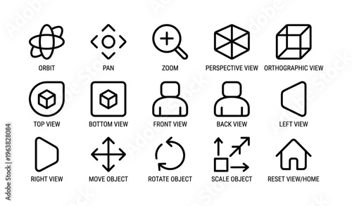 3d modeling interface icons: orbit, pan, zoom, perspective, orthographic
