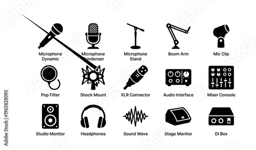 Audio equipment icons including microphone, boom arm, headphones, sound wave, and mixer console