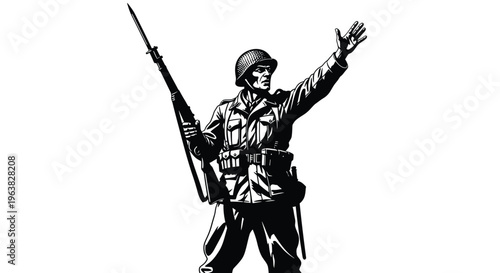 Vector graphic illustration of a determined military soldier in uniform holding a rifle and gesturing.