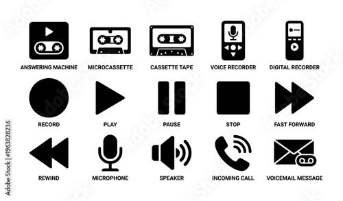 Retro audio symbols set featuring cassette tape and voice recorder icons