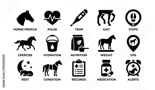 Equine health icons: temperature, gait, nutrition, weight, medication