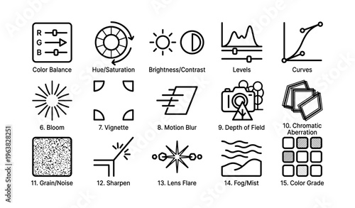 Various image editing tools icons: color balance, hue, contrast, levels, curves, bloom, blur, depth, grain, sharpen
