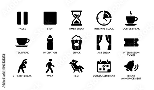 Icons for breaks and activities: pause, hydration, coffee, walk, timer