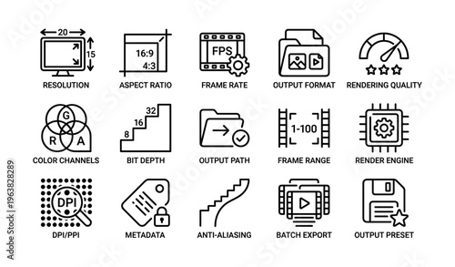 Video editing icons including resolution, frame rate, output, rendering, metadata, and export