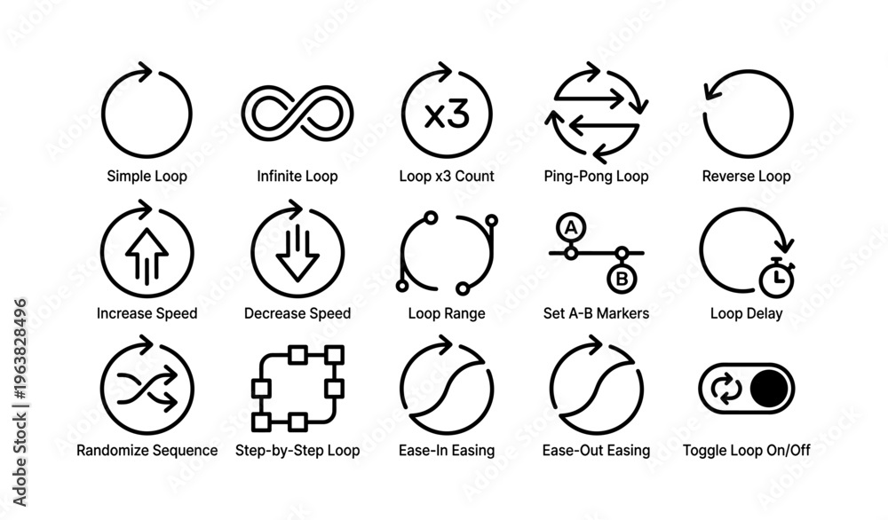 Fototapeta premium Loop icons: simple, infinitive, reverse, speed, sequence, toggle, markers