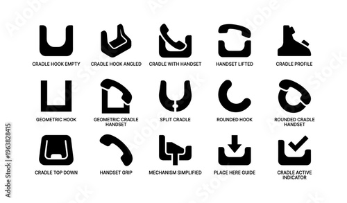 Set of various telephone handset cradle icons in black silhouette