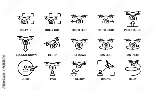 Drone camera movement icons including dolly, truck, tilt, pan, orbit, and follow
