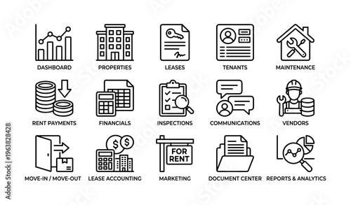 Real estate management icons: dashboard, properties, leases, maintenance, financials, marketing