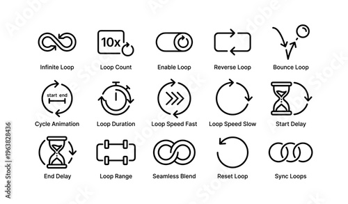 Loop and animation icons: cycle, speed, duration, and sync symbols