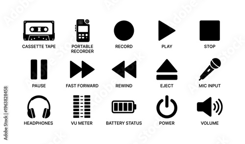 Icon set illustrating cassette tape, portable recorder, and audio controls
