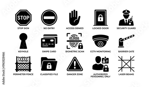 Security and access control icons illustrating safety measures and restricted areas