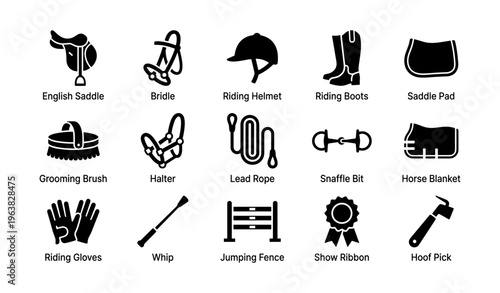 Equestrian equipment icons: saddle, helmet, boots, bridle, riding gear essentials
