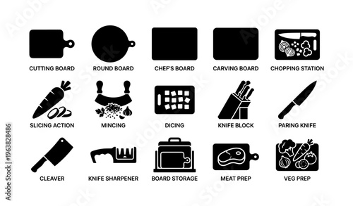 Kitchen cutting board and knife icons for food preparation