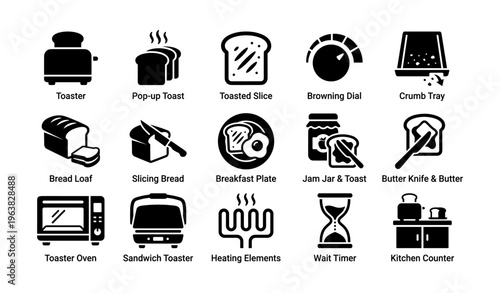 Various toaster and breakfast icons including toast, jam, and kitchen appliances