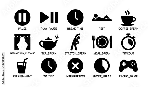 Symbols of breaks and activities: pause, rest, coffee, tea, gaming