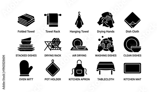 Home kitchen essentials icons: towels, dishes, rack, mitt, apron