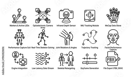 Motion capture technology icons with sensors and tracking modules