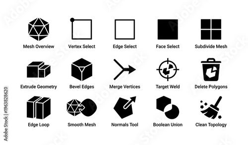 3d modeling tool icons: mesh, vertex, edge, face, subdivide, extrude, bevel, merge, weld
