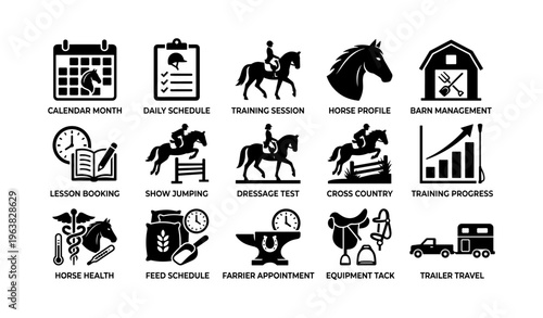 Equestrian icons: horse training, riding, and equipment management