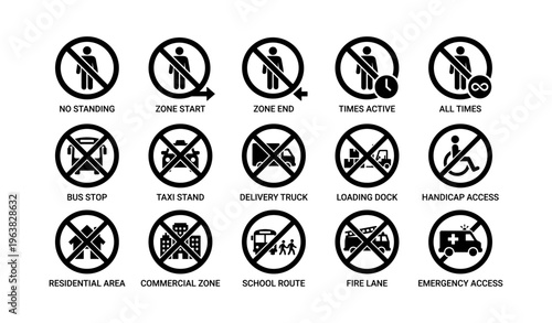 Collection of various circle symbol traffic signs prohibiting activities
