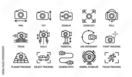 Camera movement and stabilization icons set with tracking features